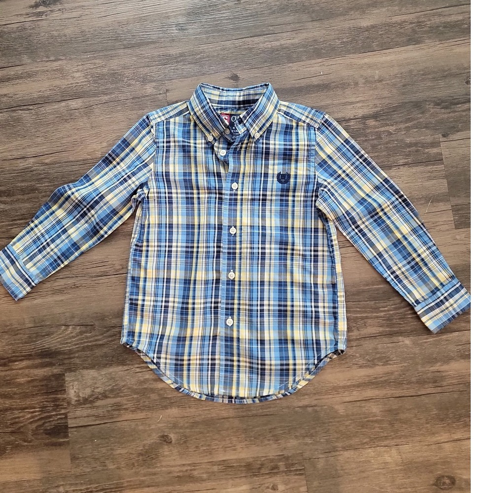Chaps Boys Blue Yellow Plaid Long Sleeve Button Down Shirt Size 4 Easy Care